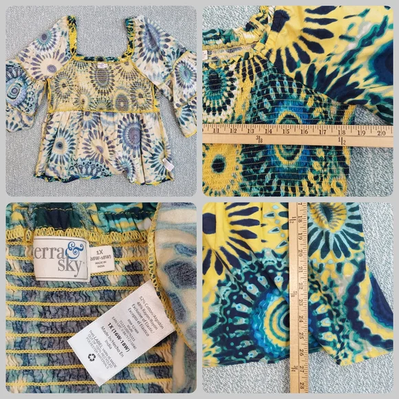 Terra & Sky Floral Blouse, Blue & Yellow Tie Dye, Womens Sz XL - Picture 2 of 9